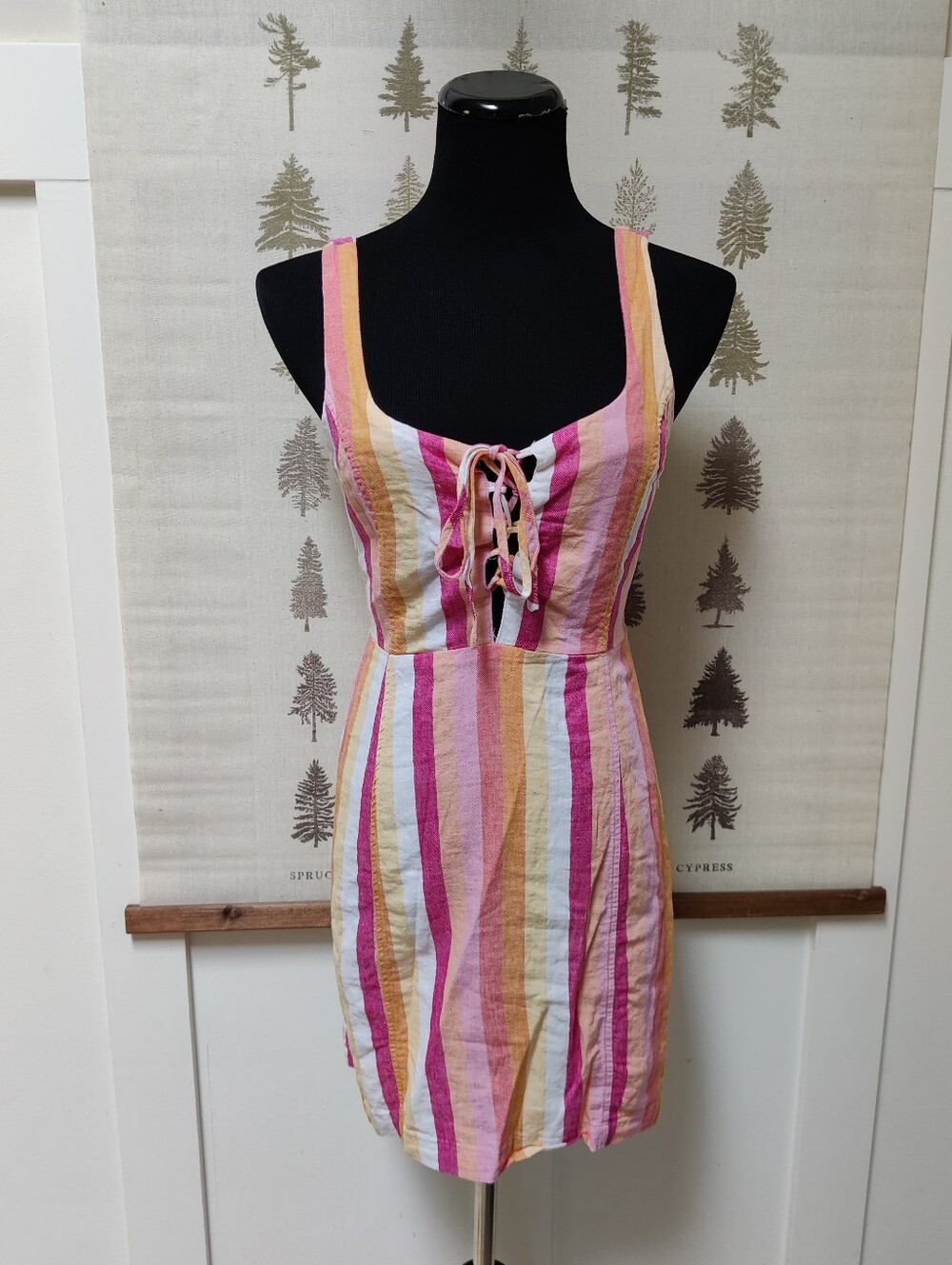 Forever 21 Pastel Striped Lace-Up Mini Dress | Smocked Back Pink Yellow Size S